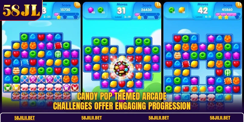 Candy pop themed arcade challenges offer engaging progression
